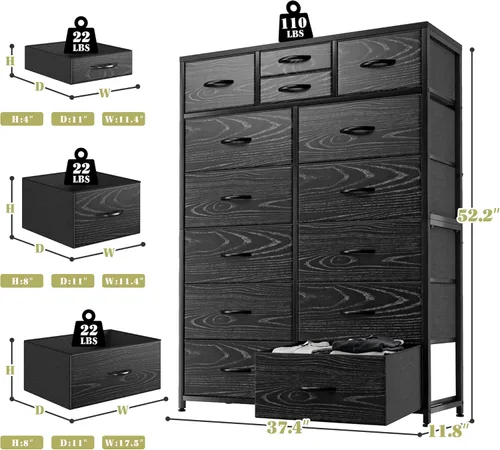 Vista 3 de EnHomee Cómodas negras para dormitorio con 14 cajones de almacenamiento, cómodas y organizador de cajones de almacenamiento, marco de metal