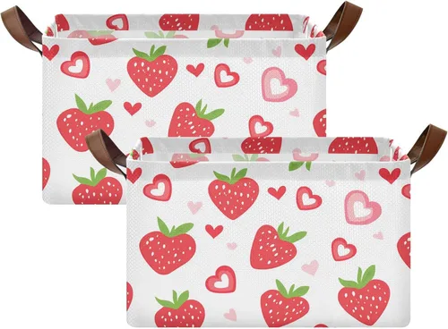 Vista 2 de KLL Strawberry Country Style Valentine Rectangle Storage Baskets Storage Bins with Handles Fabric Closet Organizers for Organizing Clothing, Jeans