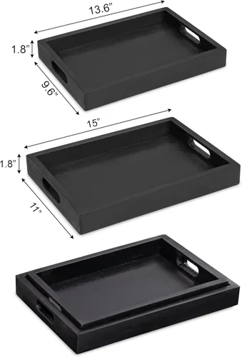 Vista 3 de VICTORY RELAX Bandeja rectangular de madera de acacia negra con asas, juego de 2 (15 x 11 pulgadas y 13 x 10 pulgadas), bandeja grande para otomana