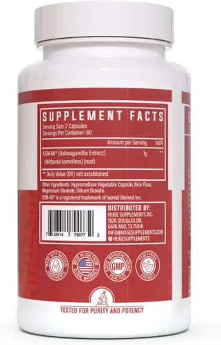 Vista 2 de Huge Supplements KSM-66 Ashwaghanda, Withanolides de alta potencia al 5%, 1000 mg de KSM66 clínicamente estudiado (120 cápsulas)