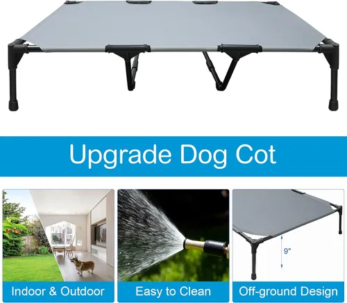 Vista 5 de Cama elevada para perros para exteriores, cama elevada para mascotas con patas antideslizantes, marco estable y malla reciclable de apoyo duradera