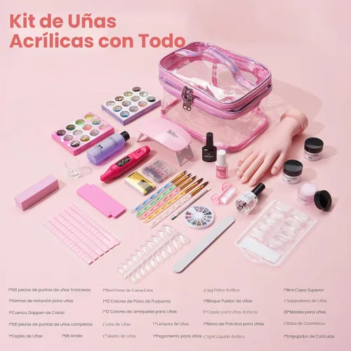 Vista 3 de Kit de uñas para principiantes con todo: juego profesional de polvo acrílico líquido para uñas con mano de práctica, taladro, luz UV en bolsa Rosa