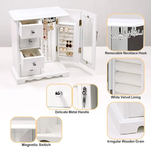 Vista 3 de Kendal Joyero de madera para mujer organizador de joyas sólidas joyero de madera con espejo para collares aretes anillos 4 cajones blanco