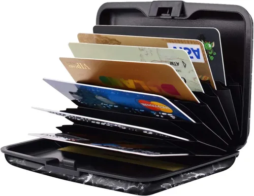 Vista 2 de Mini tarjetero de crédito para mujeres u hombres, con bloqueo RFID, funda rígida delgada para tarjetas de identificación, cartera de viaje