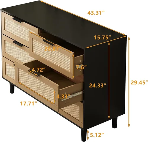 Vista 2 de Angel Sar Cómoda de ratán con 6 cajones, cómoda de madera con almacenamiento, cómoda doblecon mango de metal, patas de madera maciza