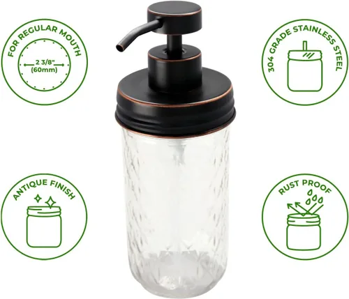 Vista 2 de Mason Jar Lifestyle - Kit de tapa dispensadora de jabón de bronce aceitado para tarros de boca regular