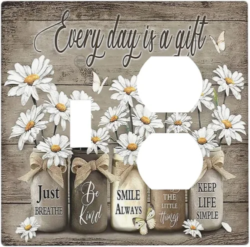 Vista 81 de Placa de Pared en Blanco de 1-Gang Sin Dispositivo Beige Lindo Vintage Boho de los 70s Hongo Fungus Planta Floral Botánica Libélula Interruptor