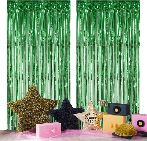 Cortinas de flecos de aluminio de color verde, 3 x 8 pies, paquete de 2 cortinas de fondo de oropel metálico, cortinas para puerta, suministros de