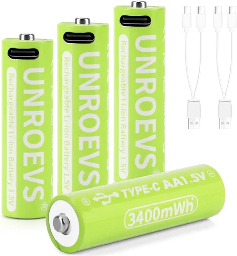 Vista 8 de UNROEVS Baterías AA de litio recargables USB, 3400 mWh 1.5 V recargable doble A con cable USB-C 2 en 1, carga rápida de 2 horas, más de 1200 ciclos.