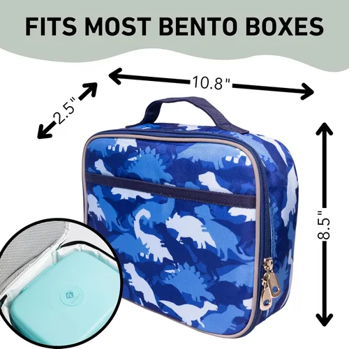Vista 6 de Lonchera infantil de dinosaurio, para niñas, adolescentes, mujeres, bolsa de almuerzo aislada, compartimentos de lados suaves, espaciosos, sin BPA