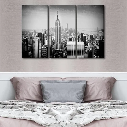 Vista 3 de TUMOVO Decoración de pared para sala de estar, color blanco y negro, pinturas de edificios sobre lienzo, 3 paneles, arte de pared para el hogar