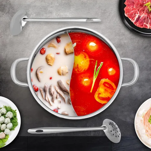 Vista 8 de Olla caliente Shabu Shabu de doble sabor con divisor y cucharón de sopa, olla Shabu Shabu Shabu de acero inoxidable 304, olla caliente de doble cara