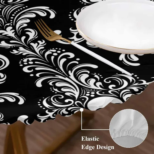 Vista 4 de Mantel redondo ajustable con diseño de flores de esqueleto espeluznante de Halloween, mantel ajustable de calavera blanca con borde elástico, Negro