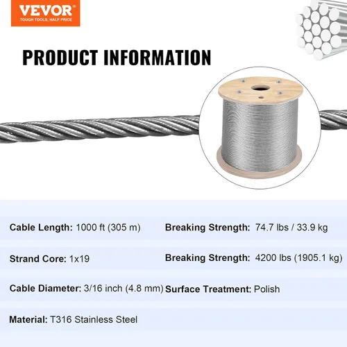 Vista 7 de BestEquip Cable de acero inoxidable 3/16 de 1000 pies, cuerda de alambre de grado marino T316 de 1 x 19, barandilla de cable de avión