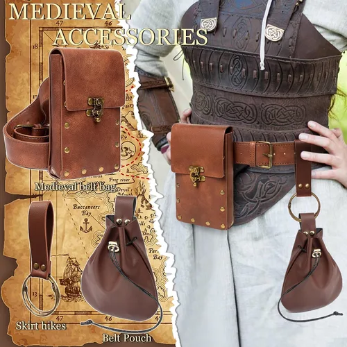 Vista 4 de Riñonera para cinturón, riñonera medieval, vintage, de cuero, funda para teléfono celular, funda para cinturón, bolsillo, casual, senderismo