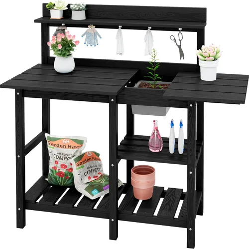 SERWALL Banco de macetas para exteriores con fregadero extraíble, mesa para macetas de polietileno de alta densidad resistente a la putrefacción