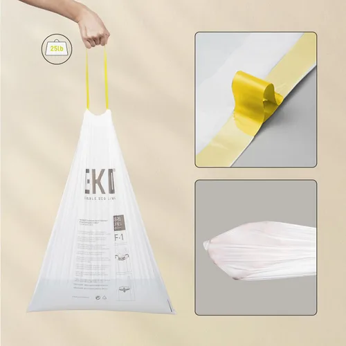 Vista 2 de Bolsas de basura EKO de 8 galones / 30.3 litros, 60 unidades con cordón, bolsas de basura extrafuerte sin perfume, rollo de fácil dispensación