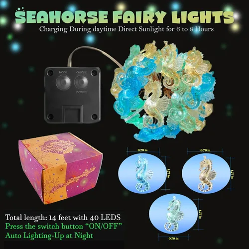 Vista 3 de Guirnalda de luces solares de caballito de mar para exteriores, luz solar decorativa de hadas para decoración de jardín exterior, impermeable