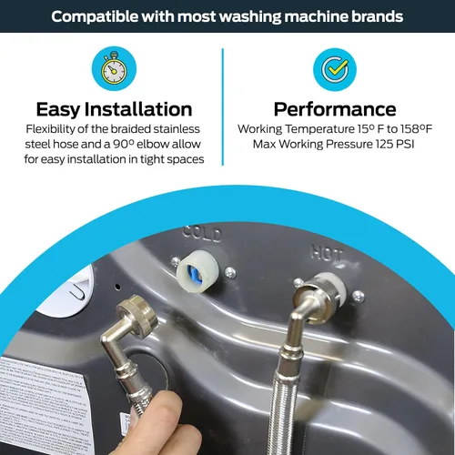 Vista 3 de Eastman 41065 manguera para lavadora de acero inoxidable con codo de 90 grados, 3/4 pulgadas X 3/4 pulgadas, 1 par