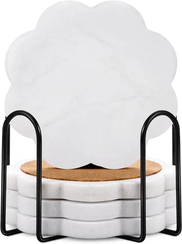 Juego de 4 posavasos de mármol y portavasos - Posavasos de piedra natural para bebidas, modernos portavasos, mesas de bar, escritorios, decoración