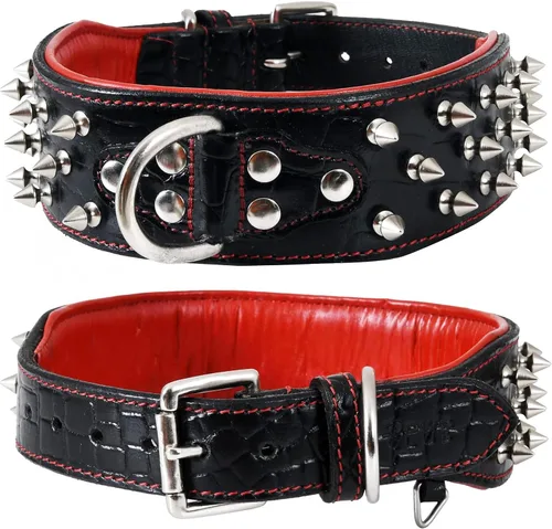 Vista 20 de Collar de perro de cuero con pinchos, cuero bridle de grano completo de 2 pulgadas de ancho, resistente, acolchado y ajustable, para razas grandes
