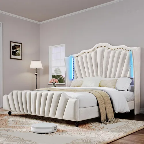 Vista 17 de DWVO Base de cama de plataforma tamaño Queen con cabecera y estribo de 60 pulgadas de alto, cama tapizada de terciopelo con luz LED, patas de madera