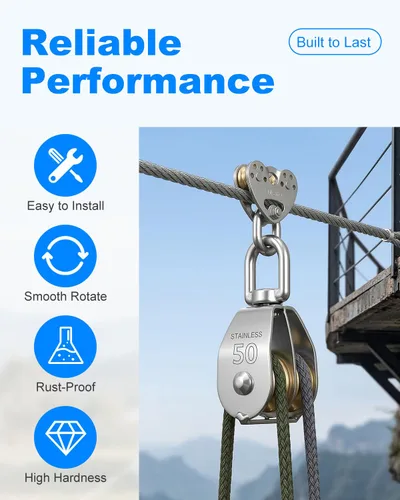 Vista 5 de Rocaris Paquete de 2 bloques de polea doble de elevación M50 304 Grúa de acero inoxidable Gancho giratorio de doble polea de carga de rodillos