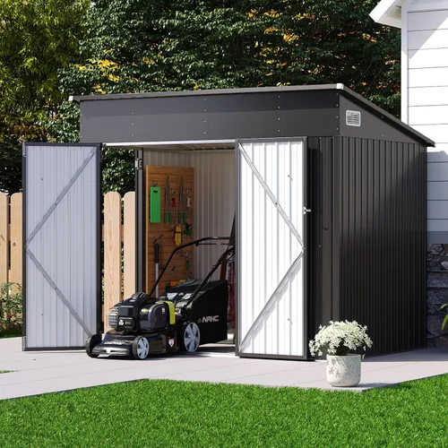 Vista 64 de Cobertizo de almacenamiento de metal negro de 10 x 10 pies, cobertizo de herramientas duradero para exteriores con construcción de acero resistente