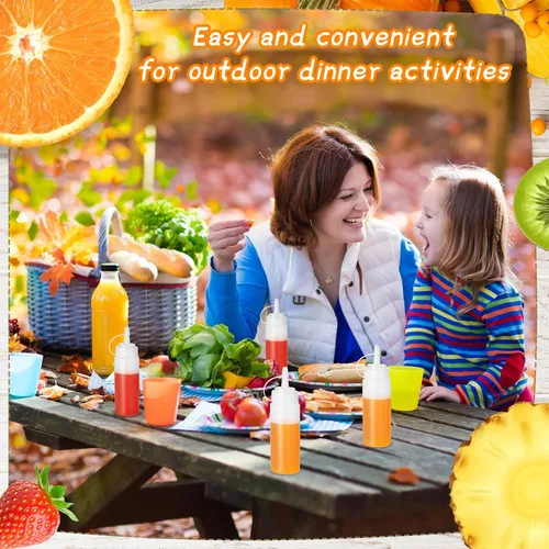 Vista 6 de 60 botellas de plástico de 4 onzas para apretar condimentos, botellas pequeñas para cocinar con tapas giratorias, botellas transparentes de salsa