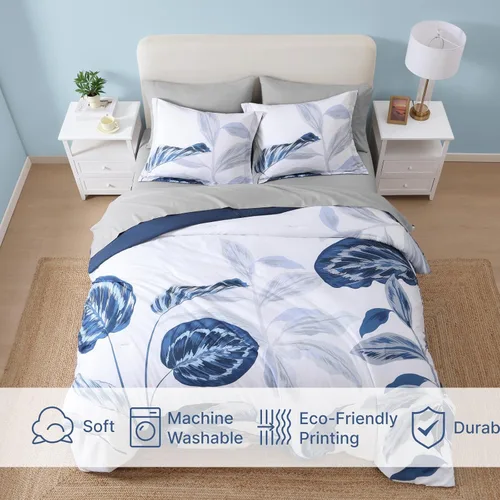 Vista 5 de WRENSONGE Juego de edredón Queen - Juego de ropa de cama suave de 7 piezas con hojas tropicales azules, cama costera en una bolsa, edredón estampado