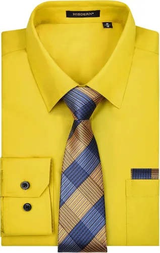 Vista 78 de HISDERN Mens Dress Shirt with Tie Pocket Square Set Classic Button Down Shirt Matching Tie Long Sleeve Shirts 08-verde