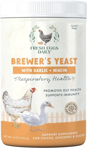 Fresh Eggs Daily Polvo de levadura Brewers con ajo y niacina para rebaños de pollo y pato, adecuado para pollitos jóvenes y patitos, apoya el