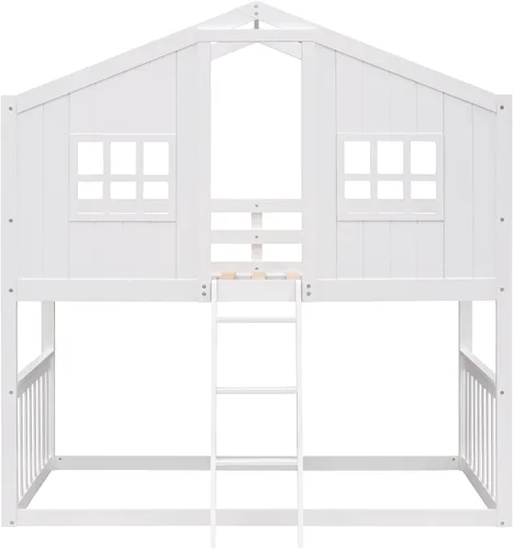 Vista 67 de Cama de casa de tamaño individual con elegantes ventanas y estantería, litera con diseño de castillo de madera con barandillas de seguridad