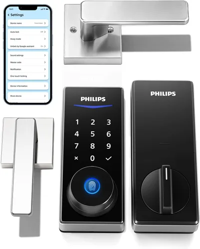 Vista 10 de Philips Cerradura inteligente WiFi integrada + 2 niveles, cerraduras inteligentes para puerta delantera, cerrojo de teclado digital con asa, huella