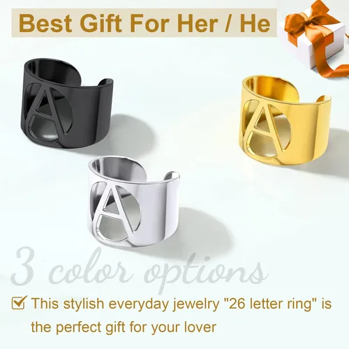 Vista 4 de KeyStyle Bold Initial Letter Rings Adjustable, GoldChic Jewelry Women Gold Statement Ring Personalized Engraved Womens Open Signet Ring for Party