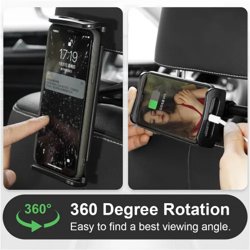 Vista 3 de Soporte para reposacabezas de coche, soporte ajustable giratorio 360 para tabletas de 5.3"-10.2", soporte universal para coche en el asiento trasero
