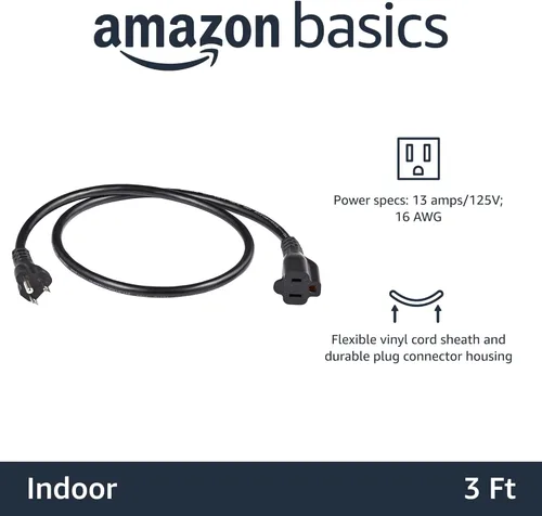Vista 2 de Yaxa Basics - Cable de extensión de 3 pies, extensor de toma de 3 clavijas, cable de extensión para interiores, 13 amperios, 125V, color negro