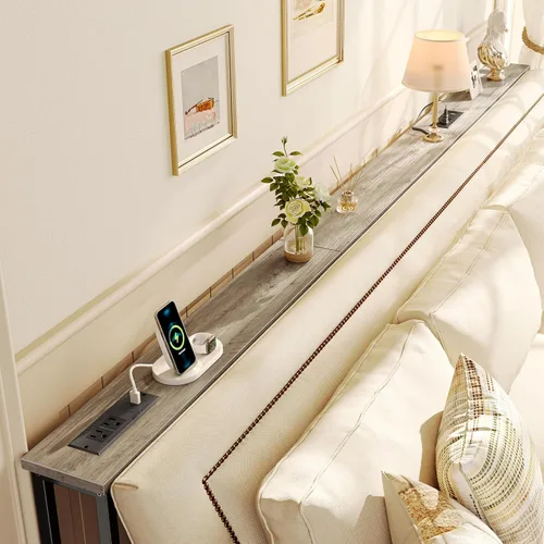 Vista 2 de SUPERJARE - Mesa de sofá con 2 tomas de corriente y puertos USB-C, mesa consola estrecha de 5.9 pulgadas con almacenamiento, extralarga, para Roble