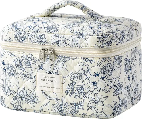 Vista 23 de HBselect Bolsa de Maquillaje Acolchada, Bolsa de Maquillaje Grande de Algodón para Viaje, Lindas Bolsas de Maquillaje con Flores Coquette, Bolsas