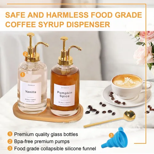 Vista 5 de Dispensador de jarabe de café para barra de café, botella de vidrio de 500ml 16.9oz con cuchara de café dorada, dispensador de jarabe de café con 36