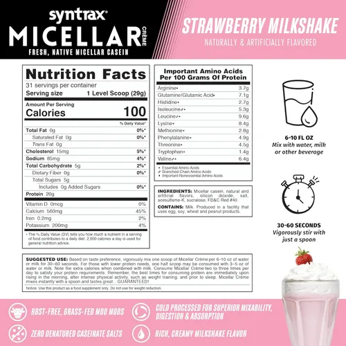 Vista 3 de Syntrax Nutrition, crema micelar fresca, caseína micelar nativa, batido de fresa, 2 libras.