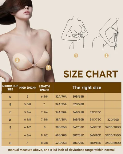 Vista 6 de Nildor - Brasier adhesivo con efecto de realce de silicona sin tirantes para vestido sin espalda con 2 cubiertas para pezones color piel