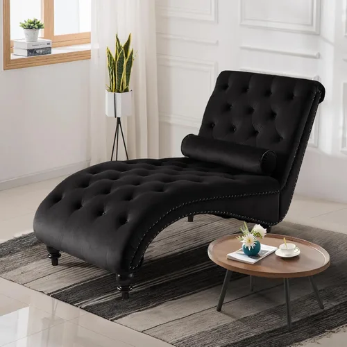 Tumbona para interiores, moderna silla decorativa de terciopelo con botones copetudos con patas de madera maciza y almohada lumbar, sofá reclinable de JEEOHEY