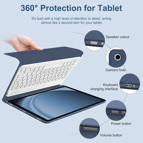 Vista 5 de Funda de teclado para Samsung Galaxy Tab A9 Plus 5G de 11 pulgadas 2023 (SM-X210/X216/X218) - Teclado Bluetooth inalámbrico desmontable - Funda Azul