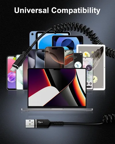 Vista 6 de Cable USB a USB C en espiral, cargador de teléfono de coche tipo C, cable de carga rápida para iPhone 17/16e/15 Pro Max/16 Pro/16 Plus/Galaxy/Pixel
