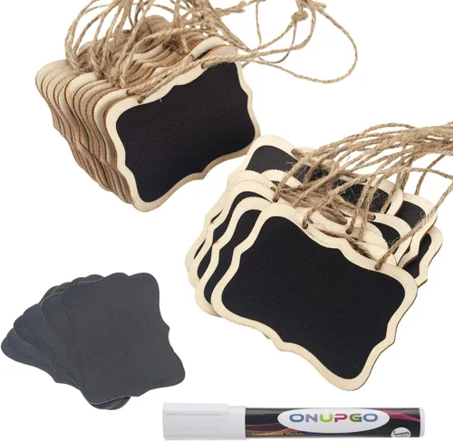 ONUPGO Paquete de 20 mini etiquetas de pizarra con marcador de tiza líquida, letreros de pizarra de madera borrables con cuerda para colgar,