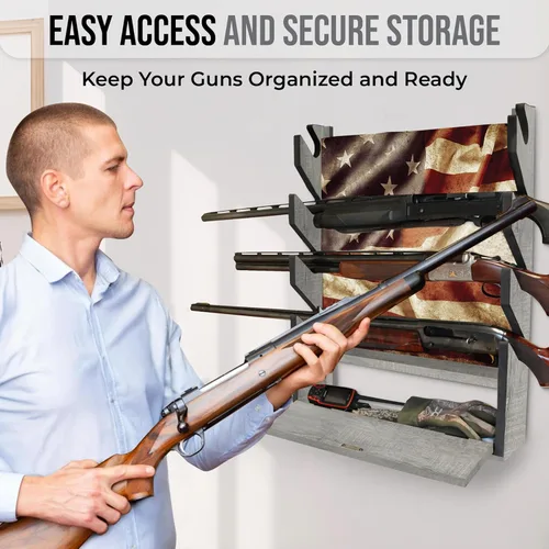 Vista 8 de Rush Creek Creations Gun Rack, Wall Mount Gun Rack for Rifles or Shotguns, Patriotic American Flag Design, Additional Storage for Gun Accessories