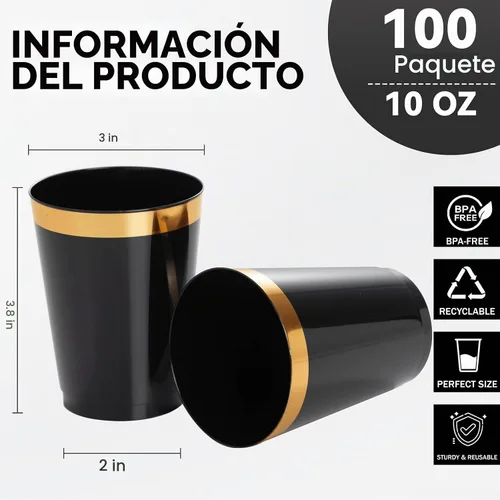 Vista 3 de supernal Paquete de 100 vasos de plástico negros y dorados, vasos 100 tazas negras y doradas de 10 onzas