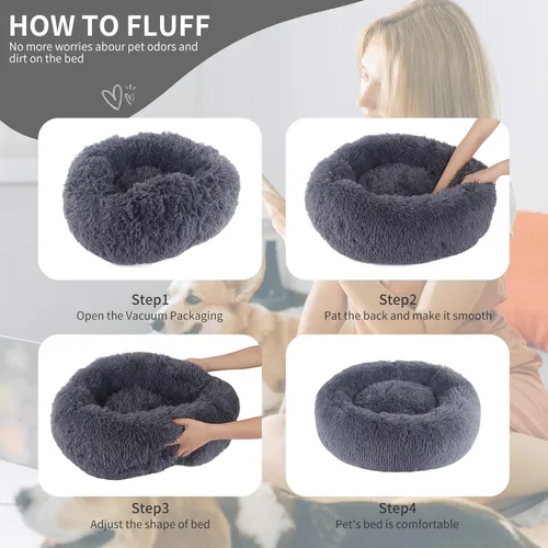 Vista 5 de ZEJEUER Cama para gatos, cama para perros pequeños, redonda en forma de dona, lavable, de felpa y pelo sintético, camas acolchadas suaves