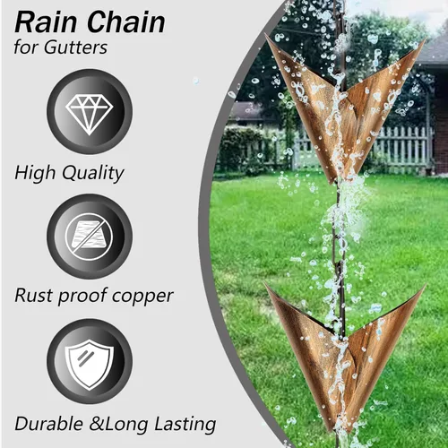 Vista 9 de Cadena de lluvia para exterior con adaptador, cadenas de lluvia de hierro forjado de 9 pies, canalón de cadenas de lluvia con cadena de lluvia Marrón